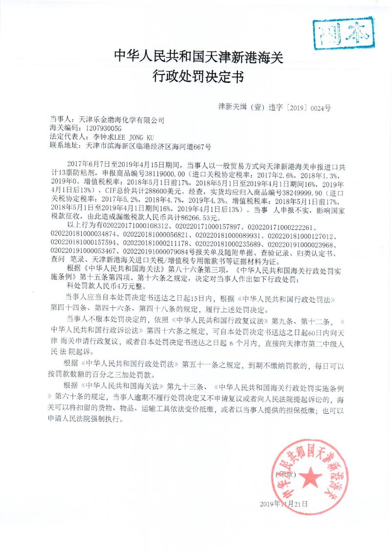津新关缉（壹）违字〔2019〕0024号处罚决定书