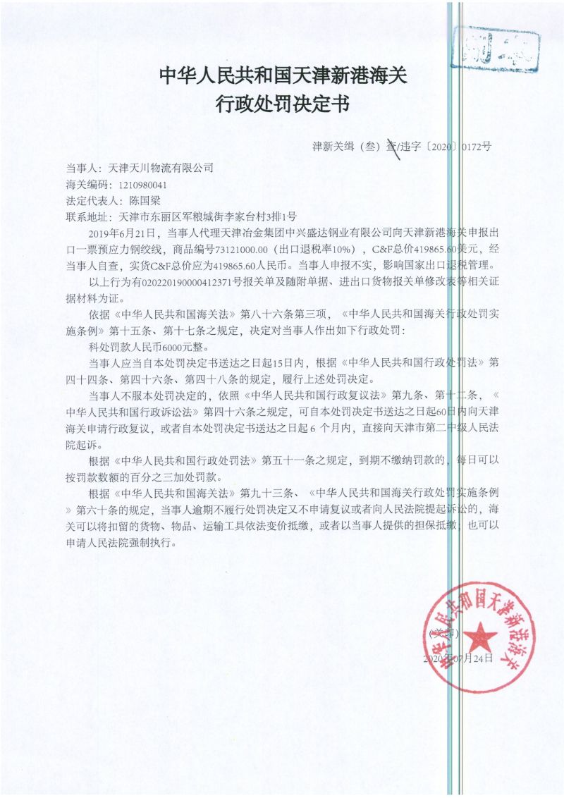 津新关缉（叁）违字〔2020〕0172号处罚决定书