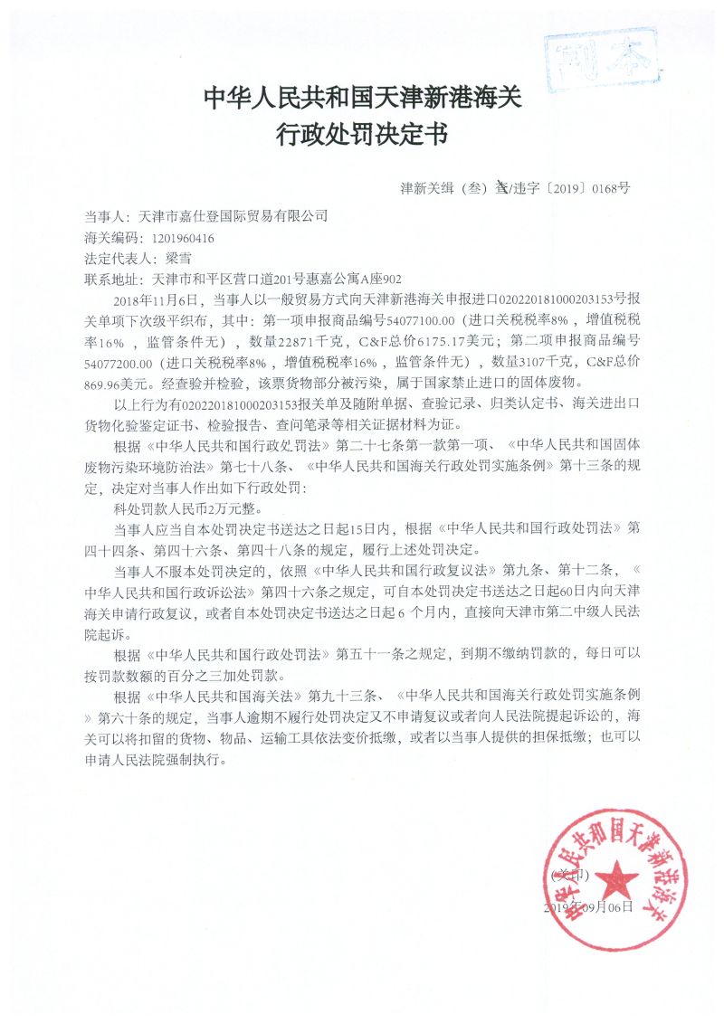 津新关缉（叁）违字〔2019〕0168号处罚决定书