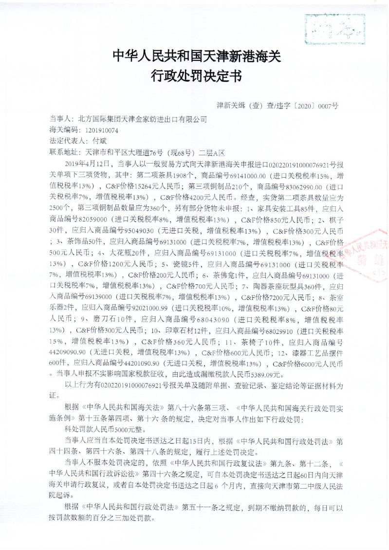 津新关缉（壹）违字〔2020〕0007号处罚决定书