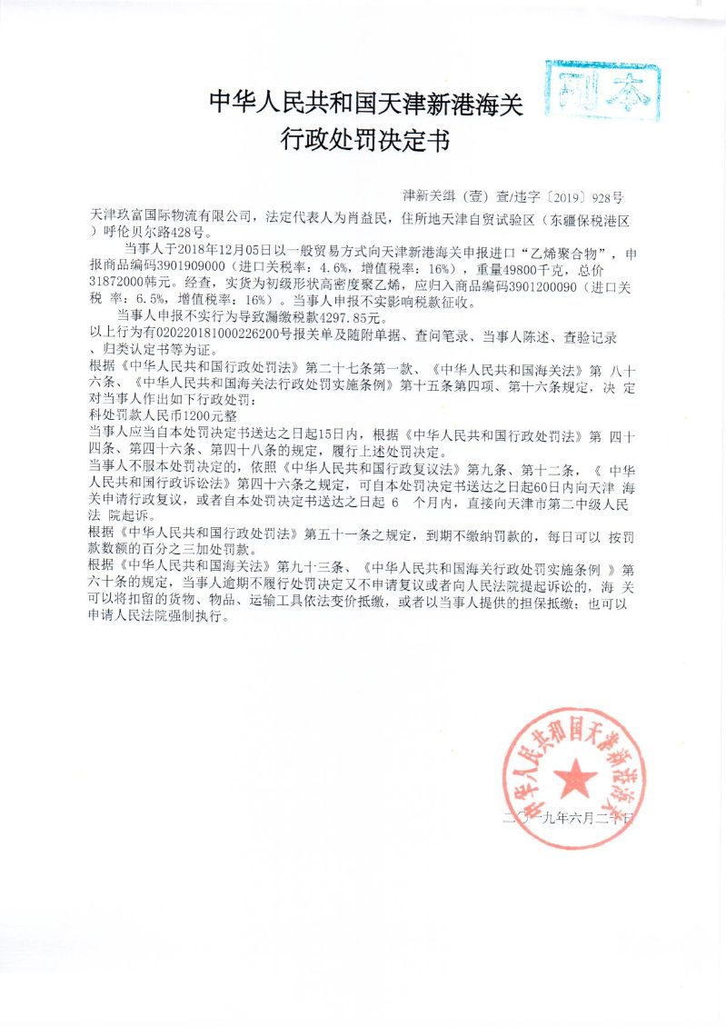 津新关缉违字〔2019〕928号处罚决定书