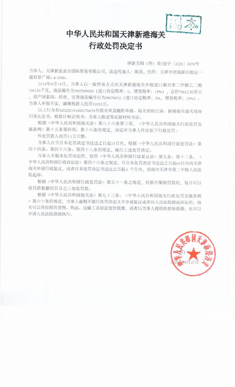 津新关缉(叁)查违字〔2020〕0076号处罚决定书 津新关缉(叁)查违字〔2020〕0076号处罚决定书