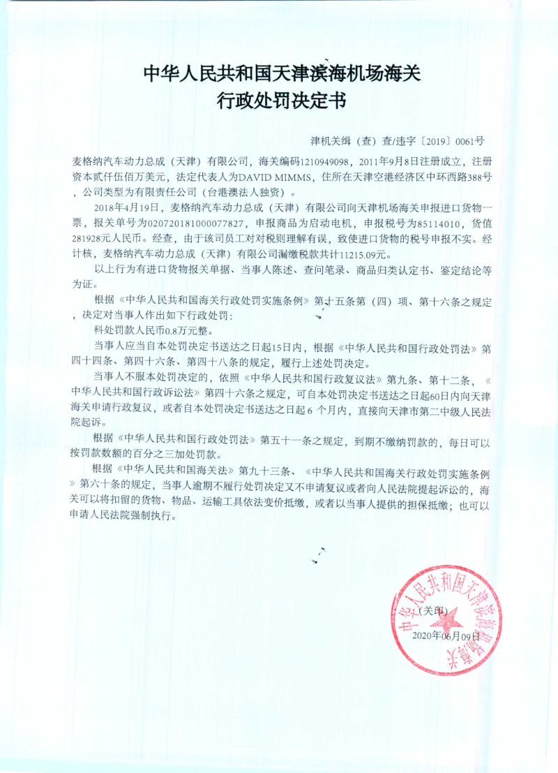 津机关缉（查）查违字〔2019〕0061号决定书