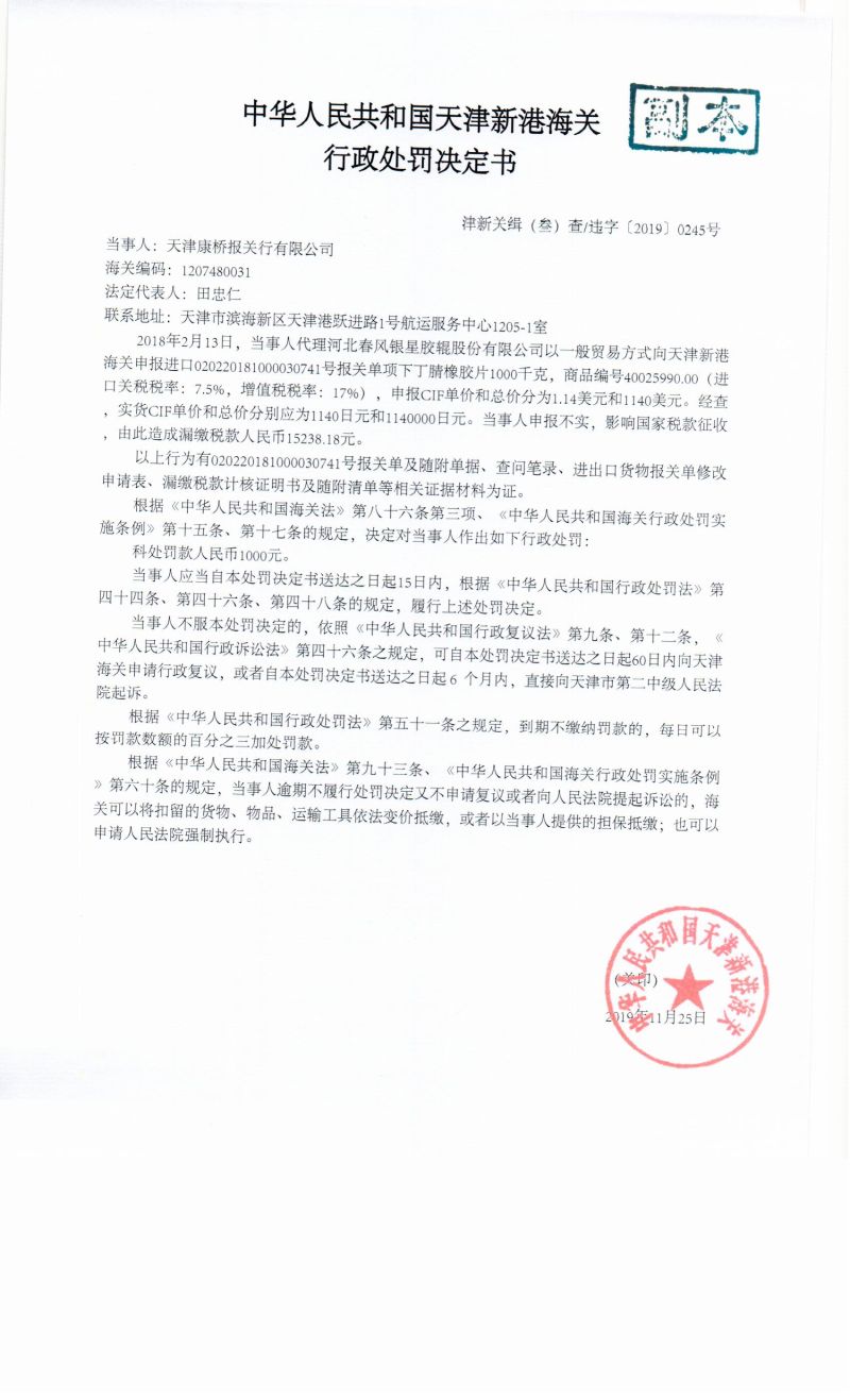 津新关缉违字〔2019〕245号处罚决定书