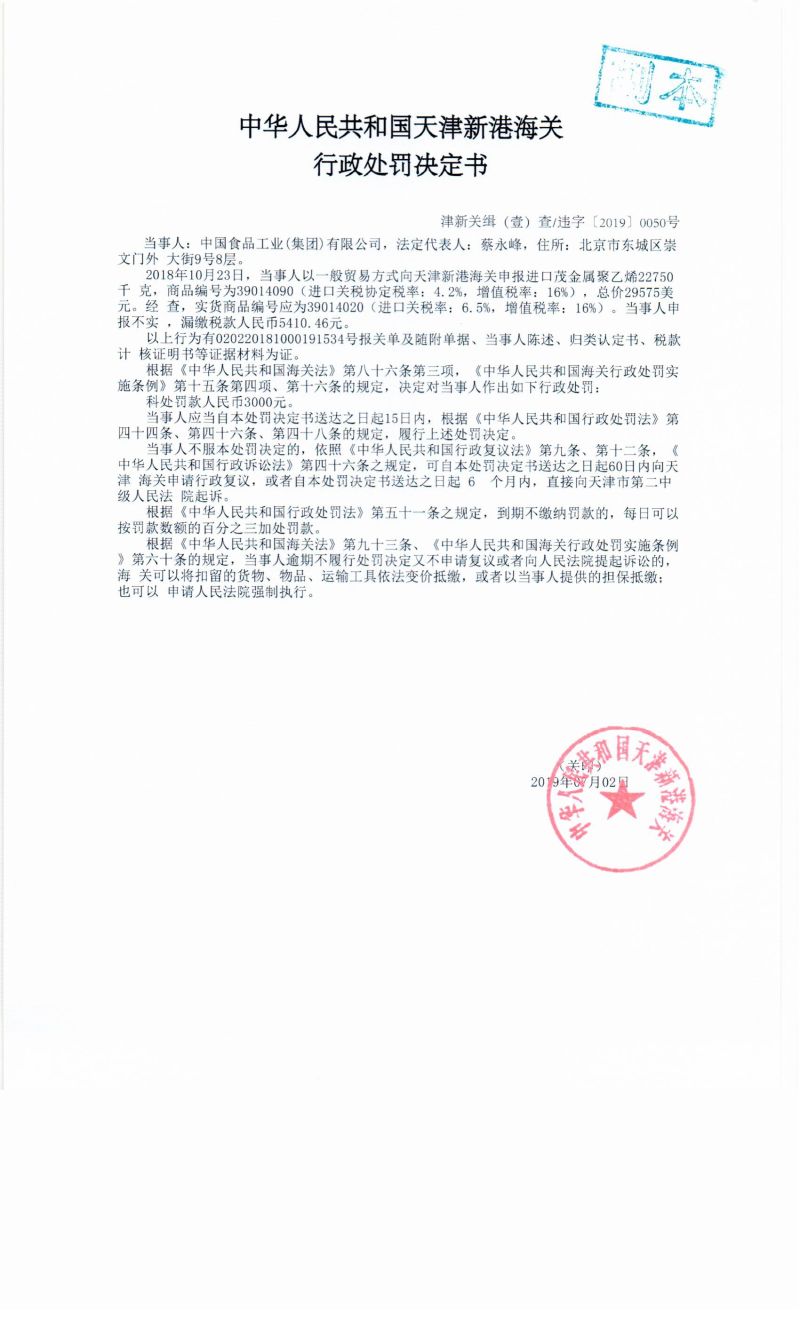 津新关缉（壹）查违字〔2019〕0050号决定书