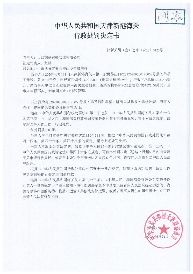 津新关缉（叁）违字〔2020〕0123号 处罚决定书