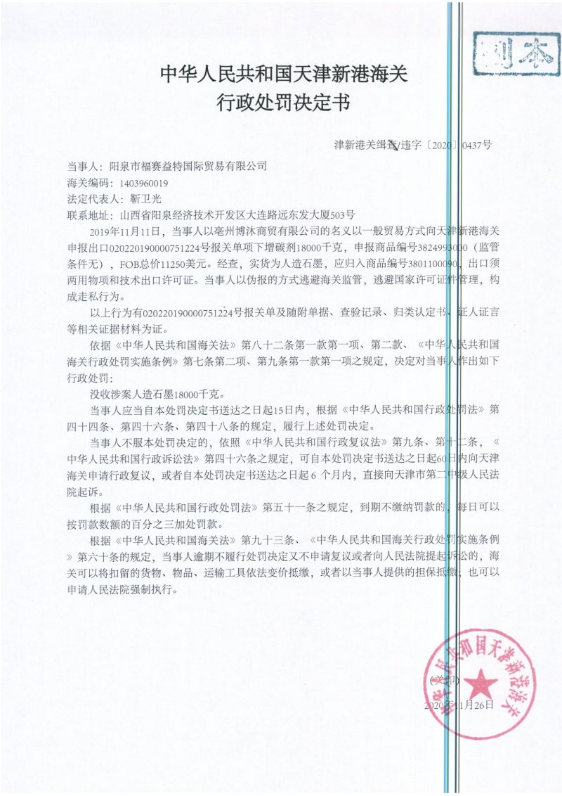 津新港关缉违字〔2020〕0437号处罚单