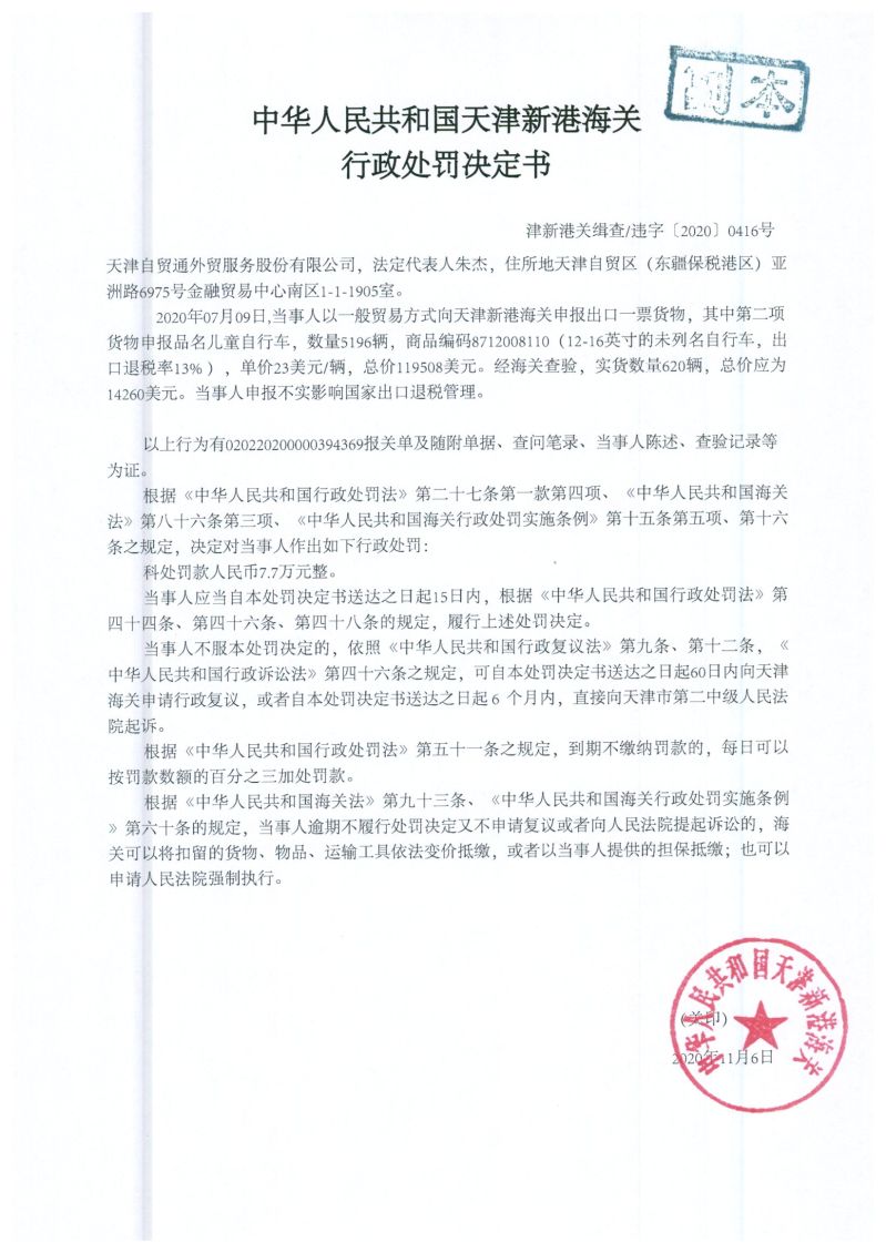 津新港关缉违字〔2020〕416号处罚决定书 津新港关缉违字〔2020〕416号处罚决定书