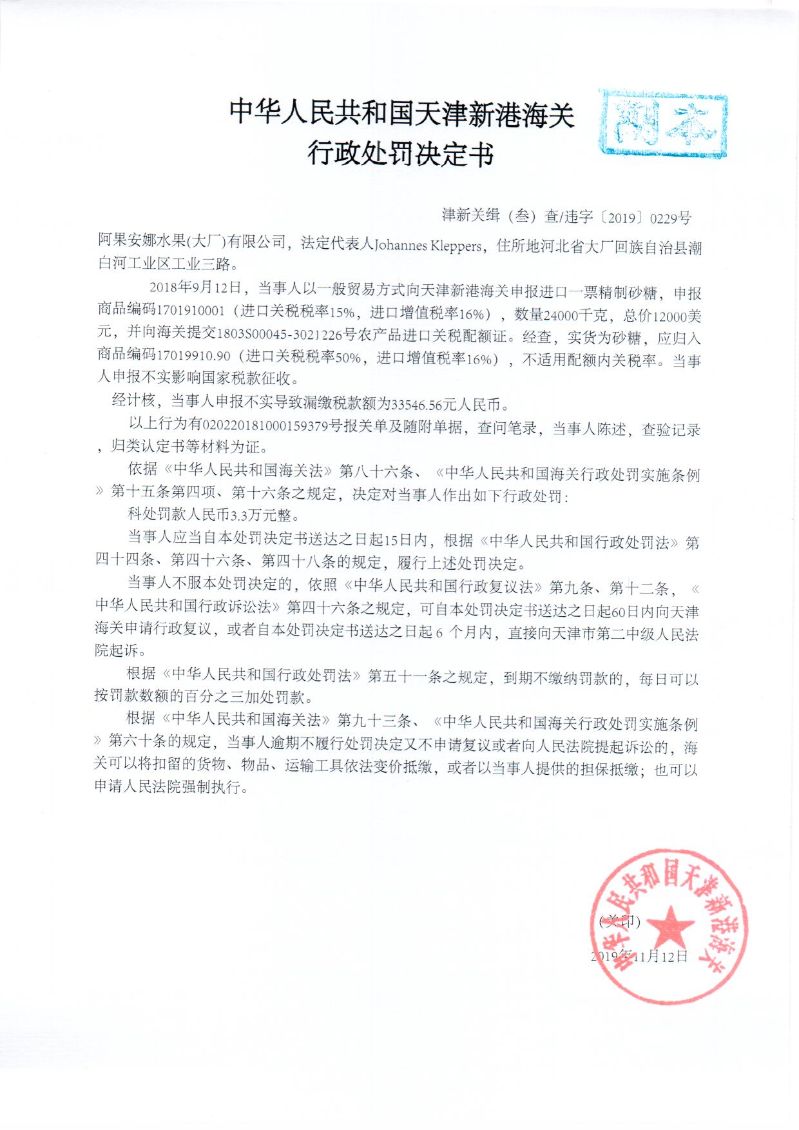 津新关缉违字〔2019〕229处罚决定书