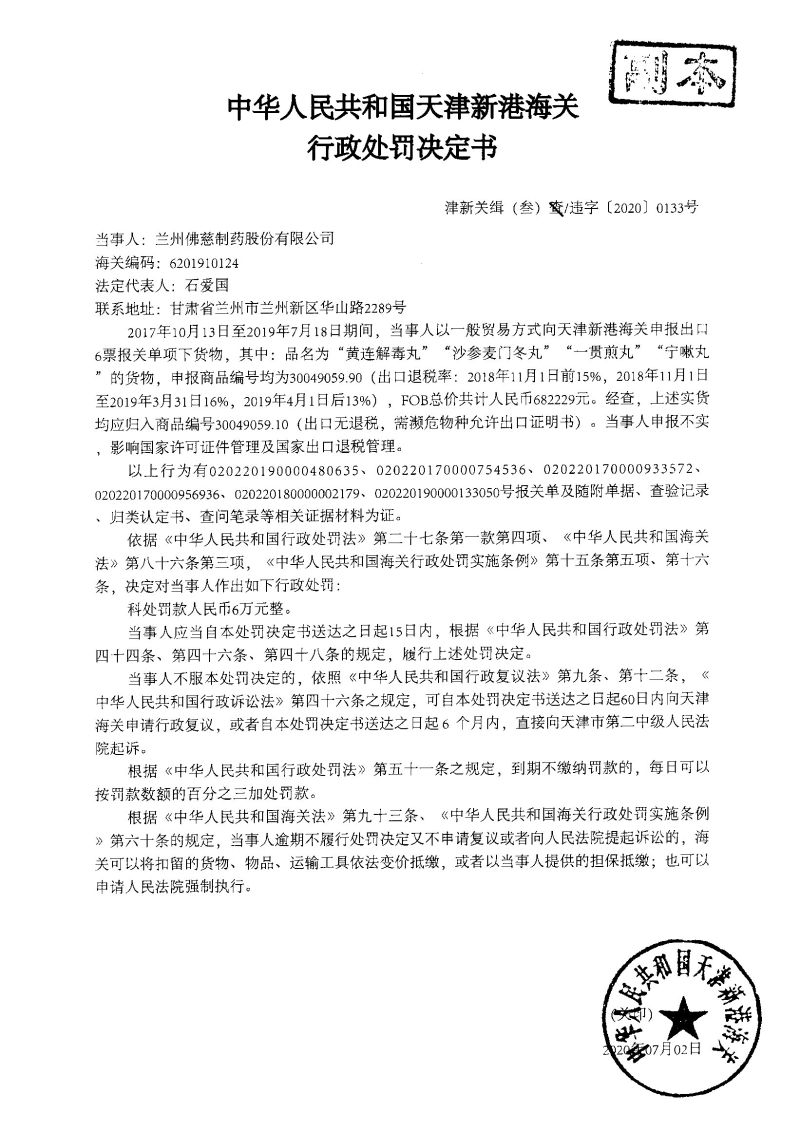 津新关缉（叁）违字〔2020〕0133号行政处罚决定书