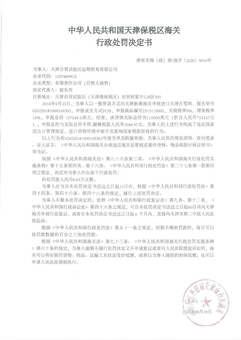 津保关缉(政)违字〔2020〕0010号行政处罚决定书 津保关缉(政)违字〔2020〕0010号行政处罚决定书