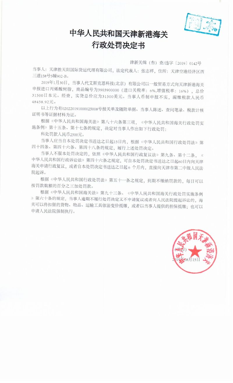 津新关缉（叁）查违字〔2019〕0142号处罚决定书