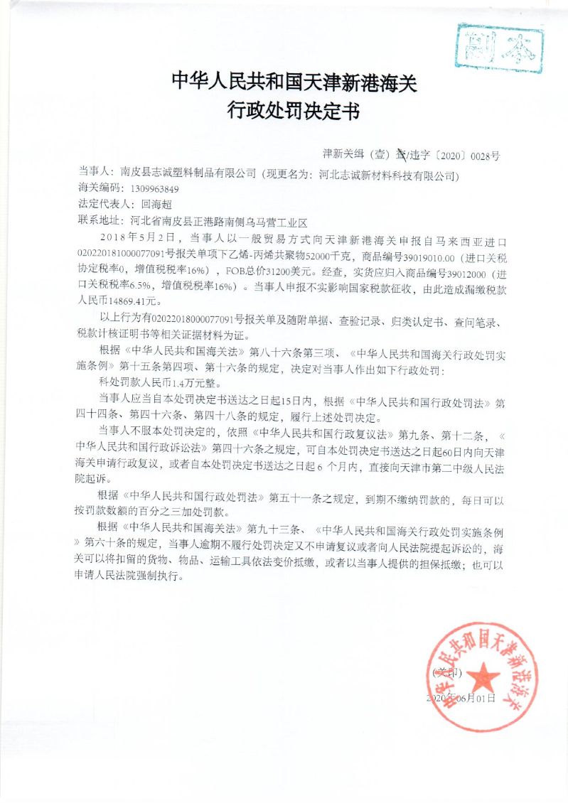 津新关缉（壹）违字〔2020〕0028号处罚决定书