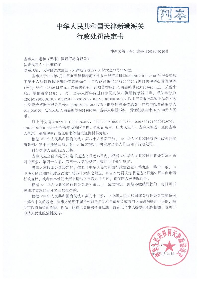 津新关缉（叁）违字〔2019〕0210号 处罚决定书