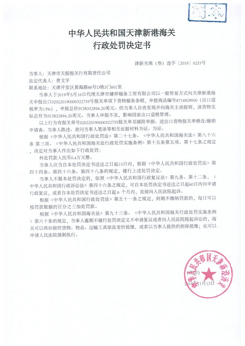 津新关缉（叁）违字〔2019〕0233号 处罚决定书