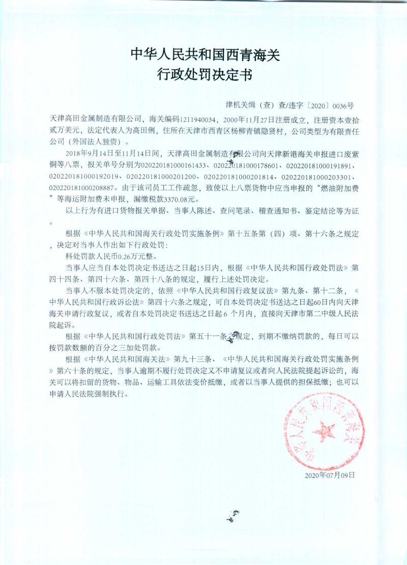 津机关缉（查）查违字〔2020〕0036号决定书