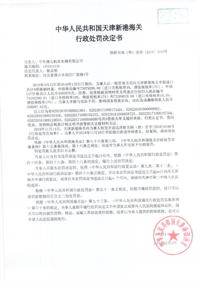 津新关缉(叁)违字〔2019〕3233号处罚决定书 津新关缉(叁)违字〔2019〕3233号处罚决定书
