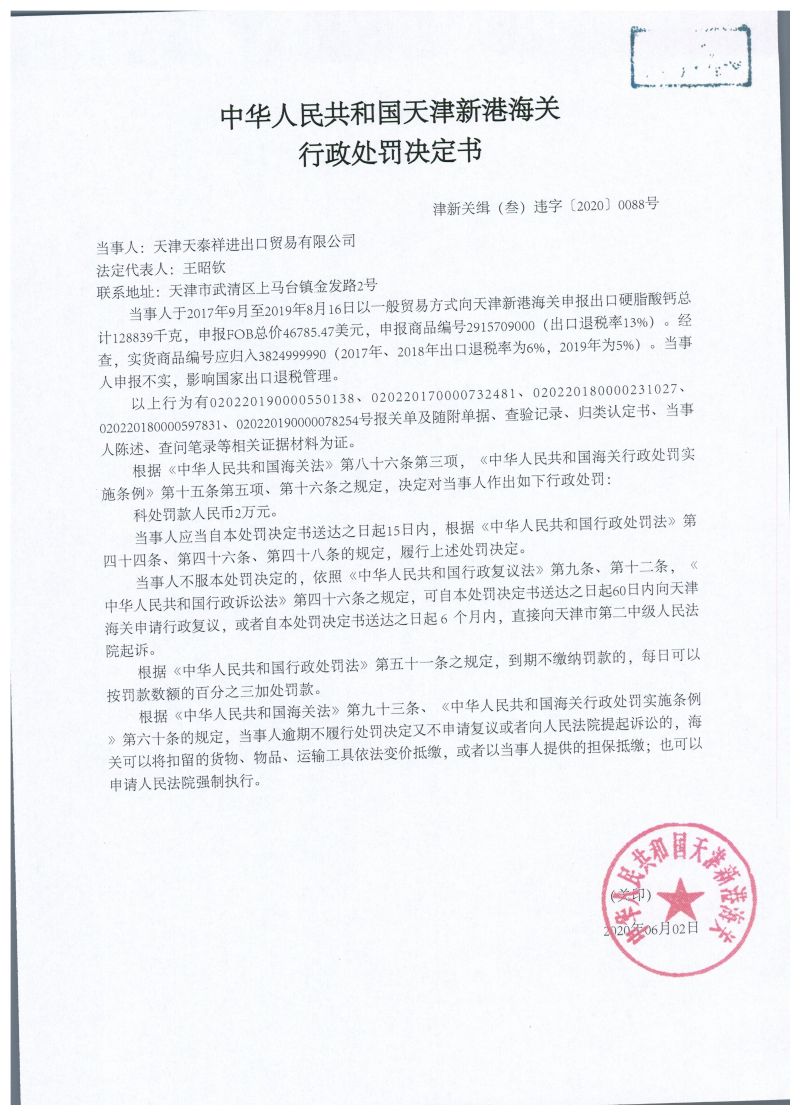 津新关缉（叁）违字〔2020〕0088号处罚决定书