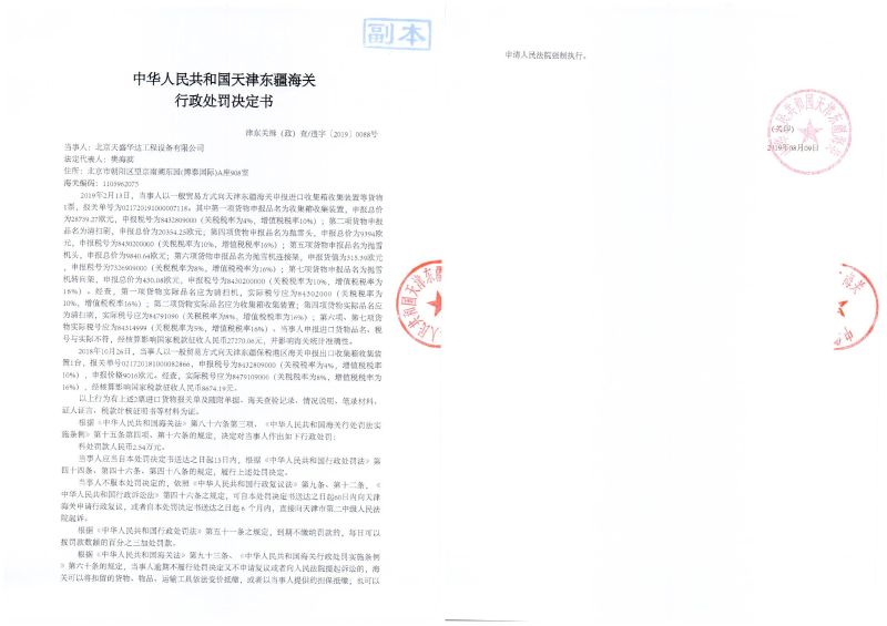 津东关缉(政)查违字〔2019〕0088号处罚决定书