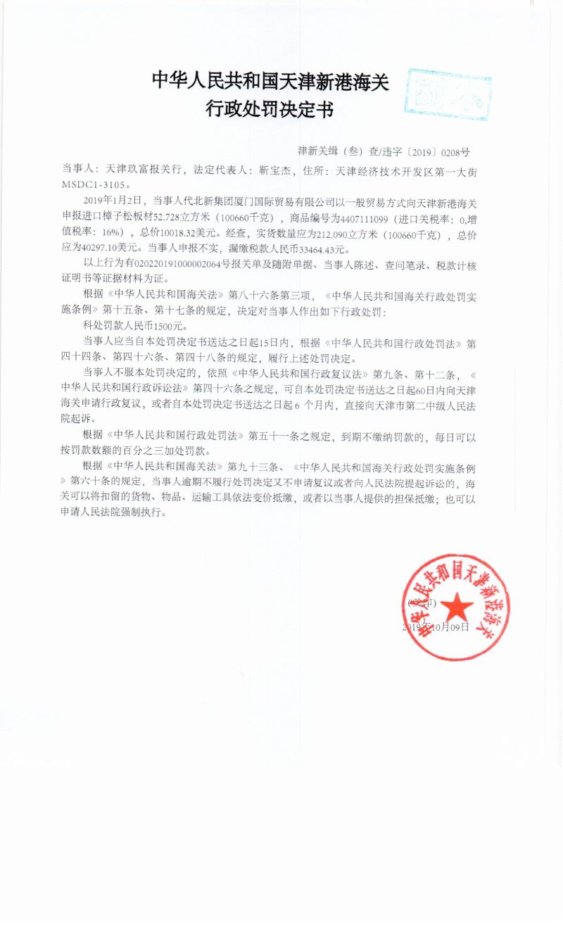 津新关缉（叁）查违字〔2019〕0208号决定书