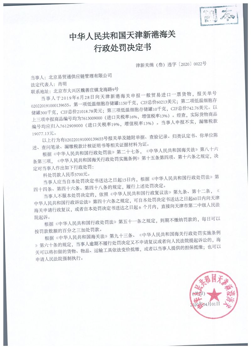 津新关缉（叁）违字〔2020〕0022号处罚决定书