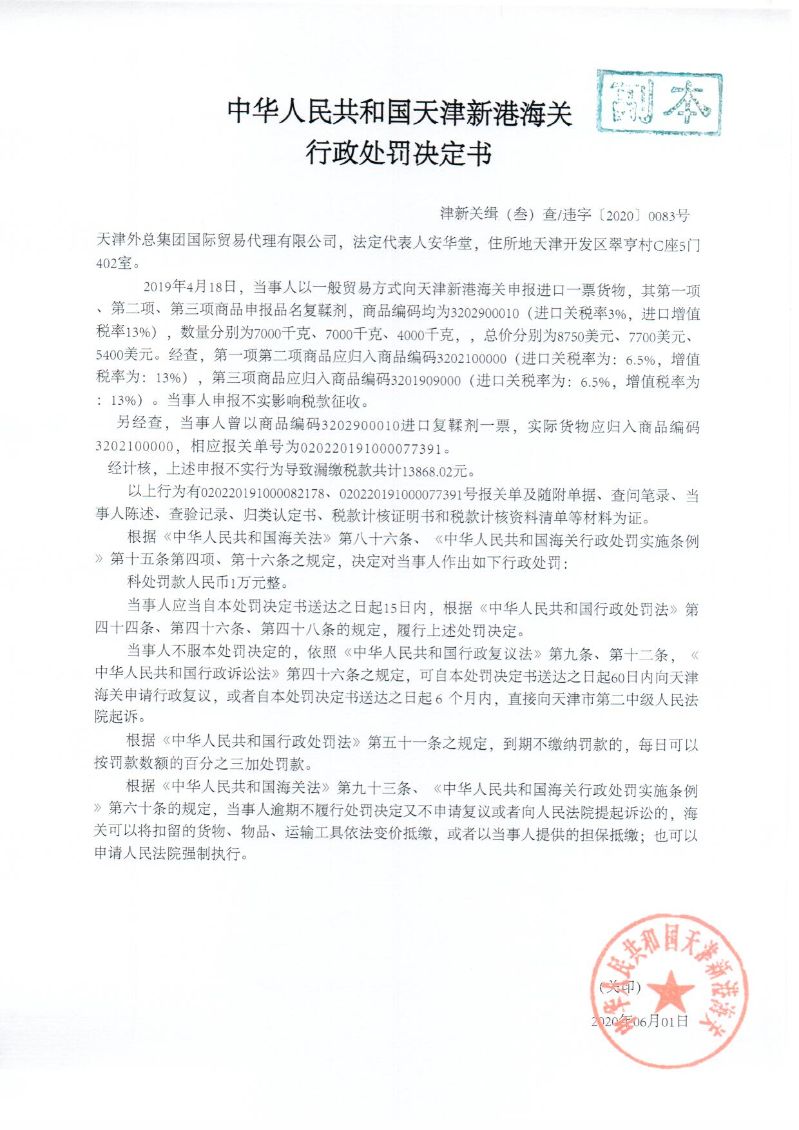 津新关缉违字〔2020〕83号决定书