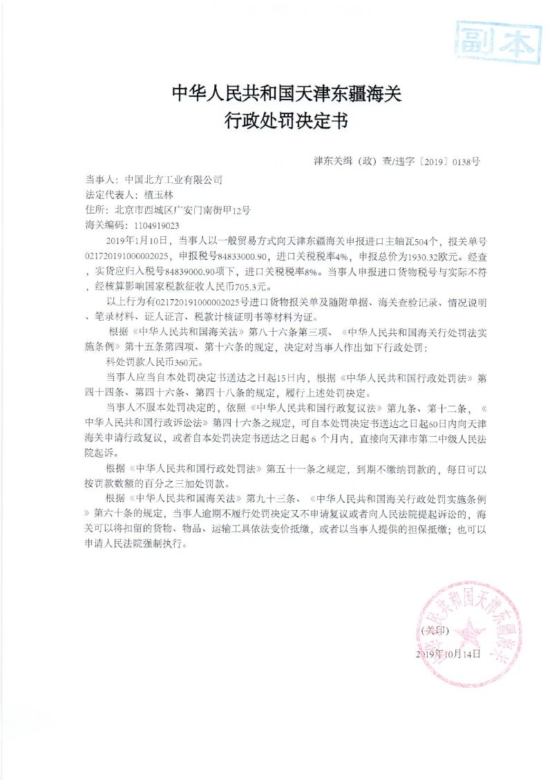 津东关缉（政）查违字〔2019〕0138号处罚决定书