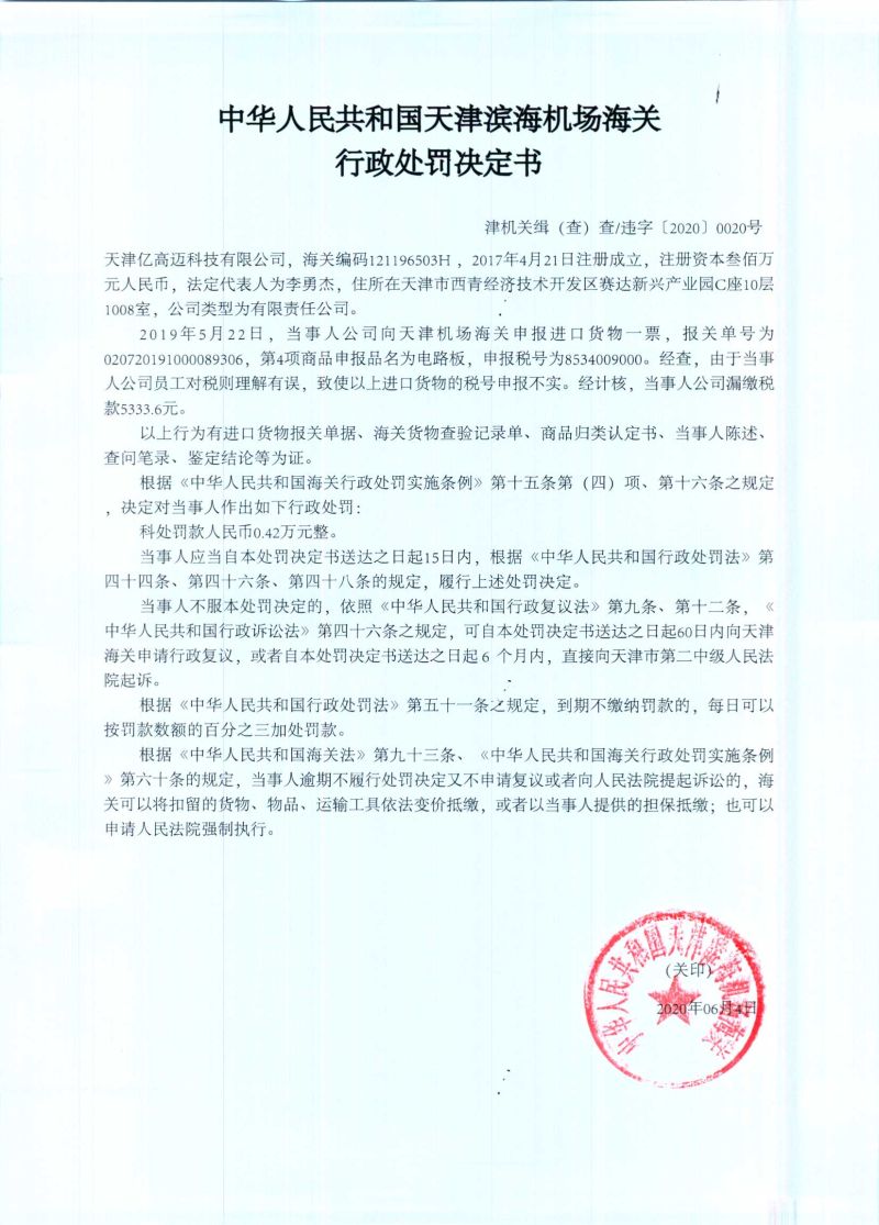 津机关缉（查）查违字〔2020〕0020号决定书