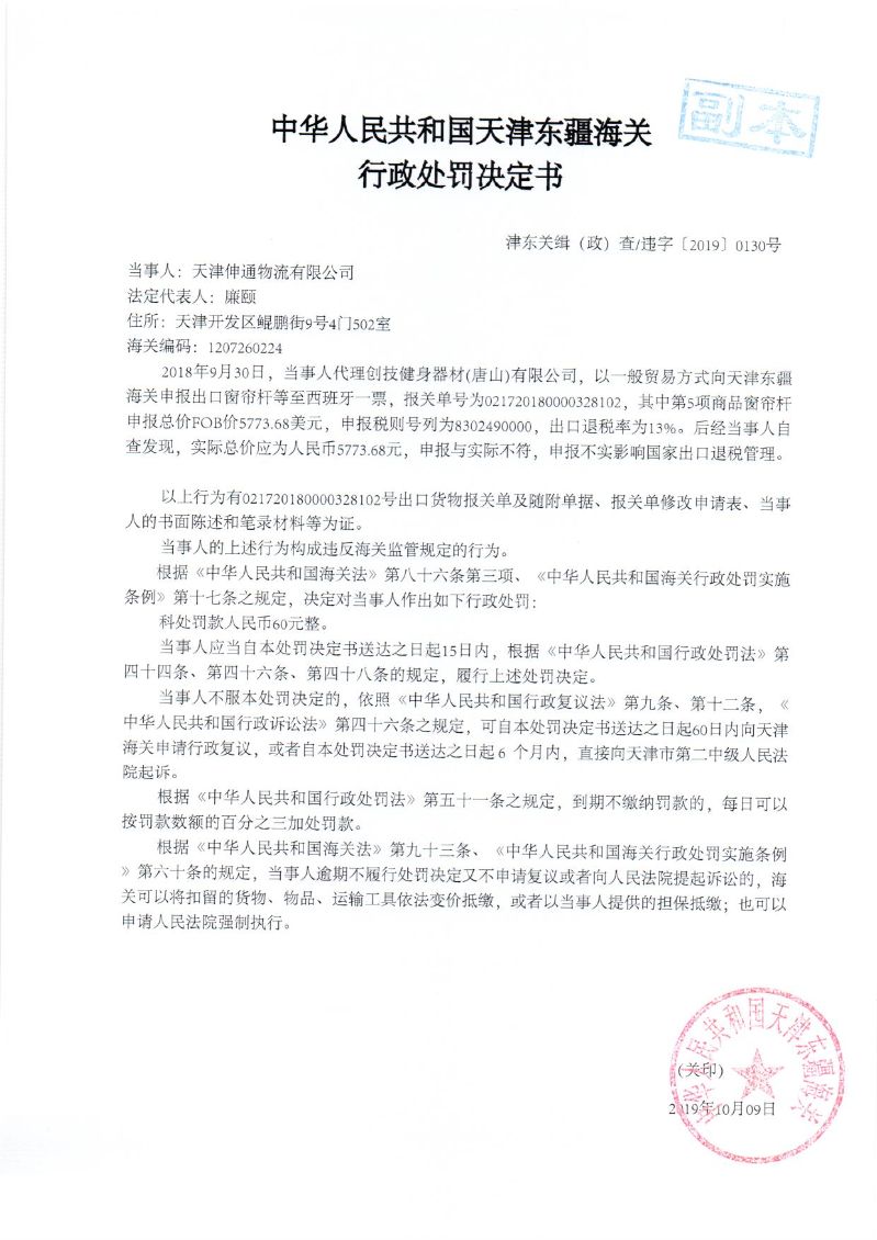 津东关缉（政）查违字〔2019〕0130号行政处罚决定书