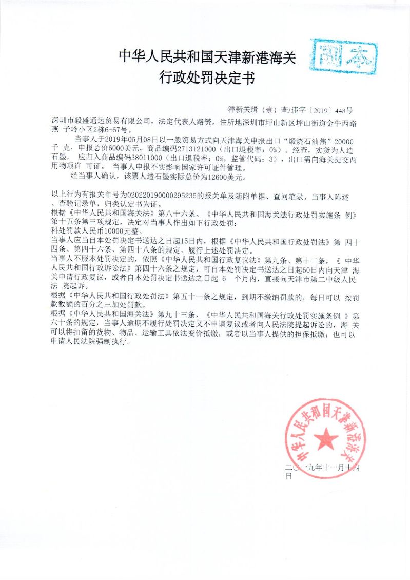 津新关缉违字〔2019〕448处罚决定书 津新关缉违字〔2019〕448处罚决定书