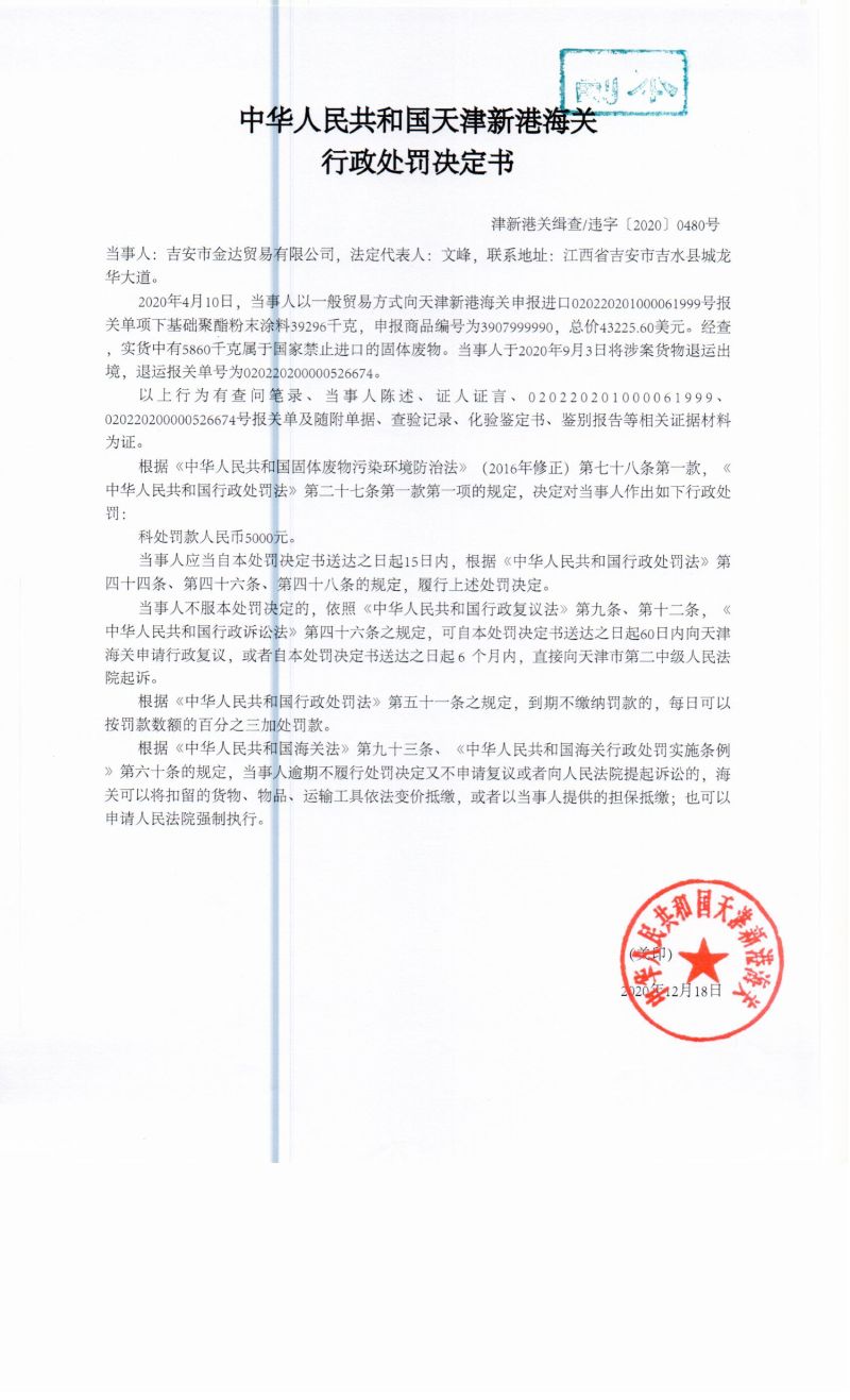 津新港关缉查违字〔2020〕0480号决定书